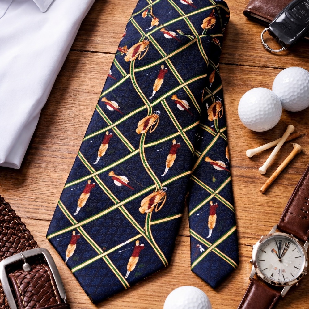 Robert Stock Navy Blue Silk Golf Novelty Tie Made in USA